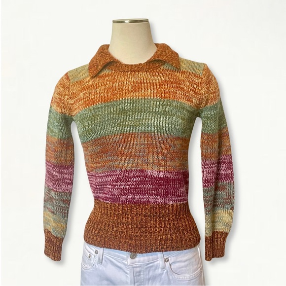 Vintage 1970s Space Dye Colorful Striped Knit Collared Sweater Size Small - Picture 2 of 11